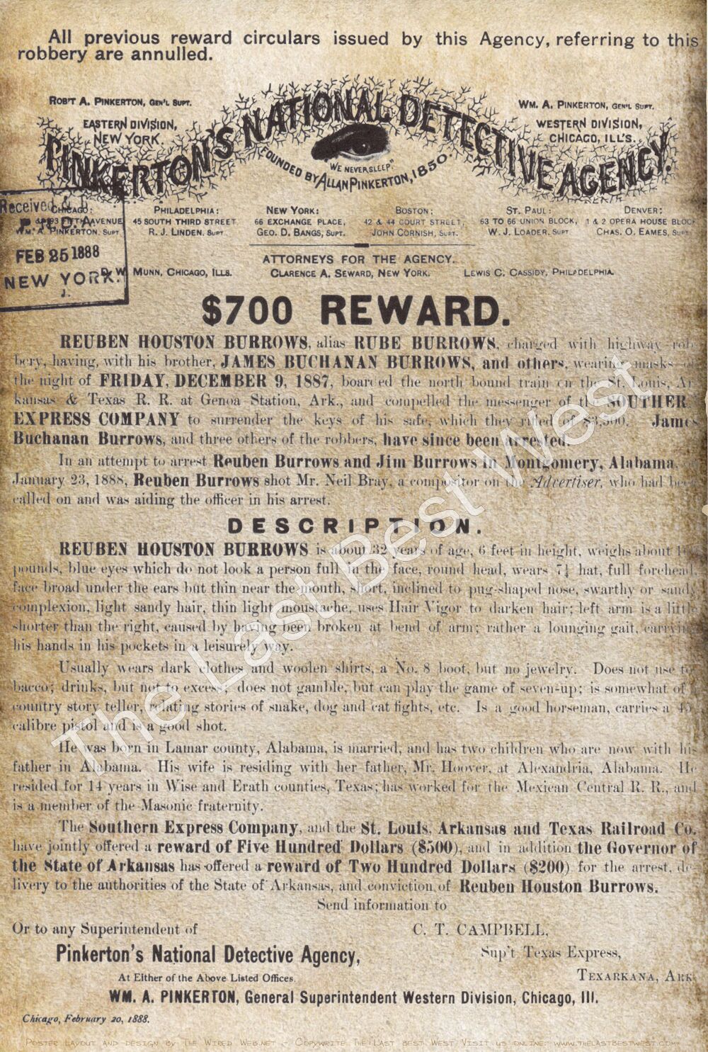 Pinkerton Circular for Reuben Burrows